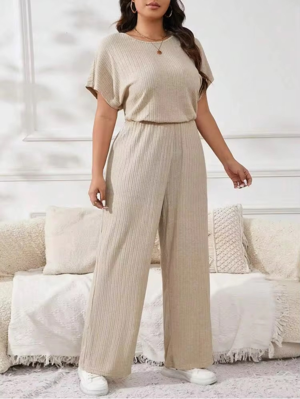SHEIN Ribbed Short-Sleeve Wide-Leg Jumpsuit in Beige